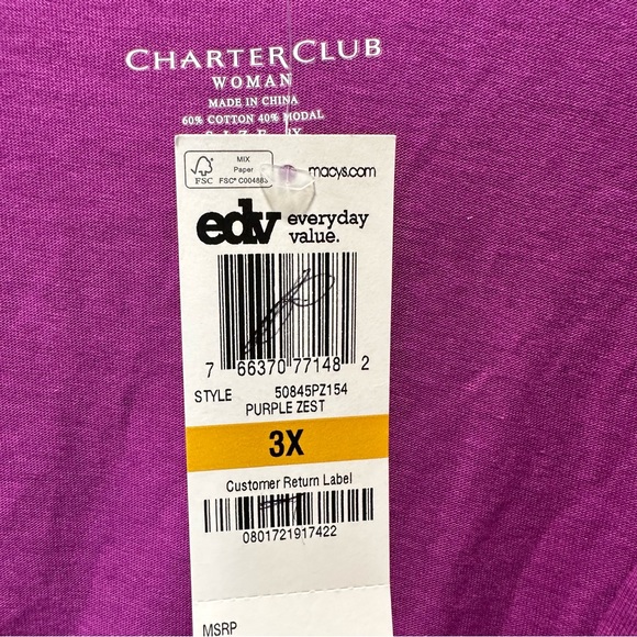 Macys Charter Club Women’s Purple V-Neck 3/4 Sleeve Tunic Modal Blend Size 3X - Picture 6 of 8